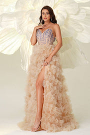 A-Line V-Neck Strapless Tulle Sequin Evening Dresses with Slit