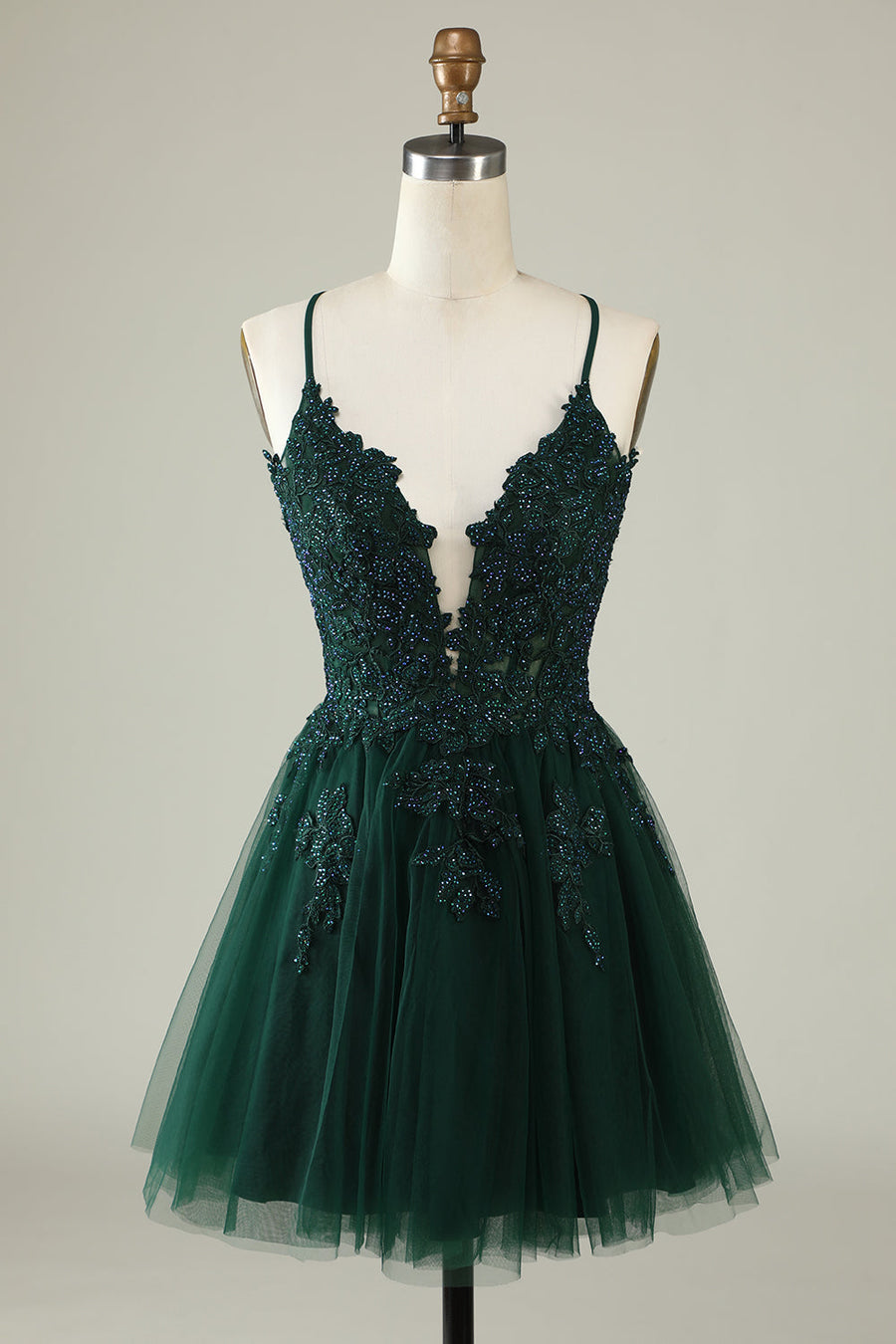 Dark Green Trendy Spaghetti Straps A-Line Cocktail Formal Dresses Lace Tulle with Appliques