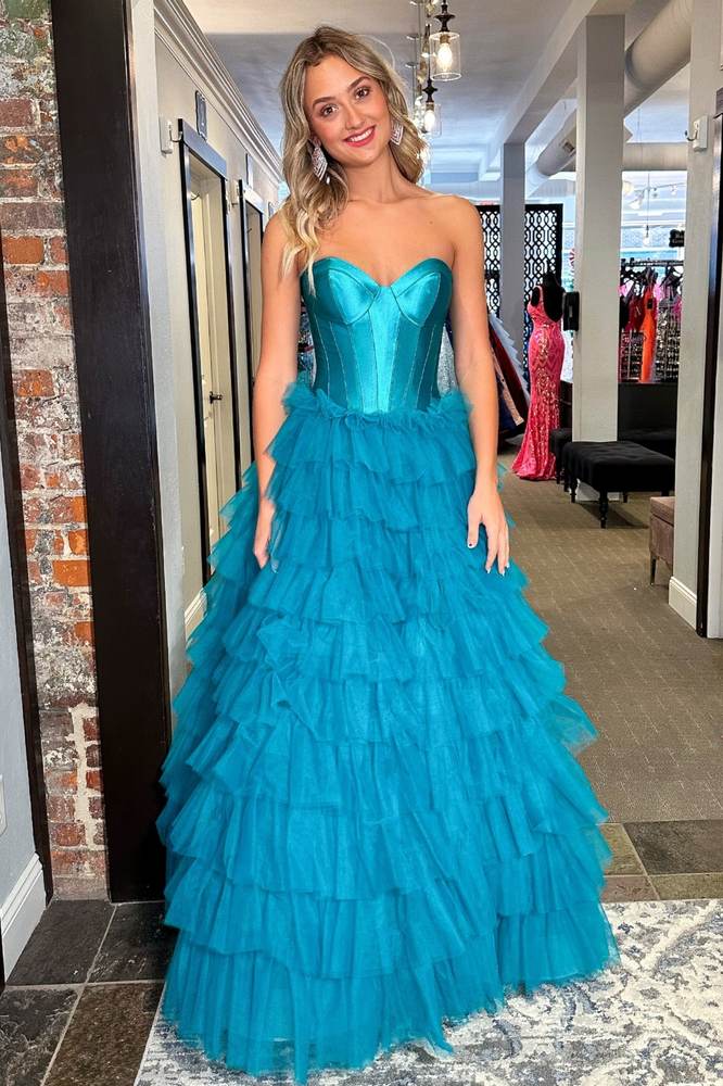 Blue Tiered Sweetheart Strapless A-Line Ruffles Prom Dresses with Slit