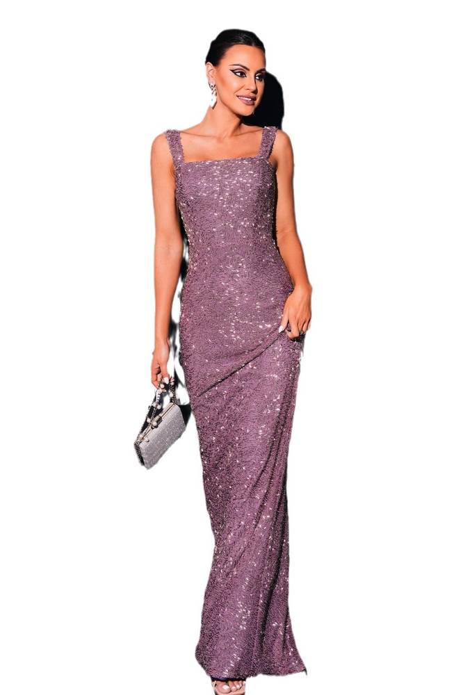 Purple Square Neck Mermaid Sequin Evening Dresses