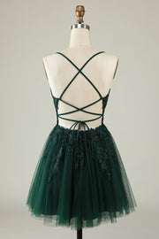 Dark Green Trendy Spaghetti Straps A-Line Cocktail Formal Dresses Lace Tulle with Appliques