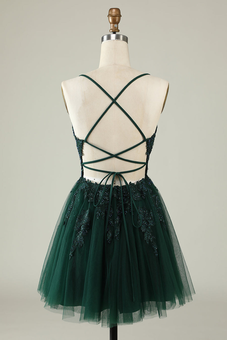 Dark Green Trendy Spaghetti Straps A-Line Cocktail Formal Dresses Lace Tulle with Appliques