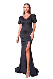 Black V-Neck Short Sleeves Mermaid Satin Evening Dresses with Slit