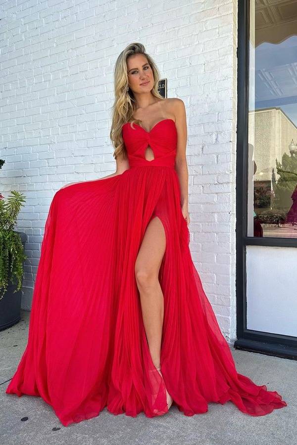 Red Strapless Sweetheart Tulle Split Front Prom Dresses