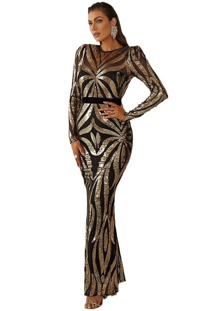 Crew Neck Long Sleeves Mermaid Sequin Evening Dresses