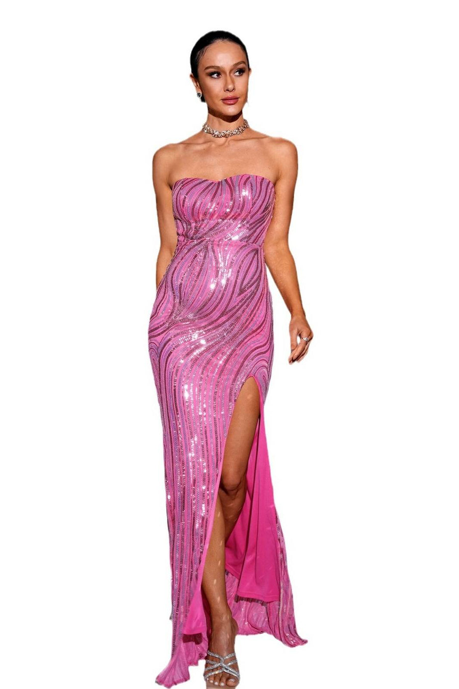 Fuchsia Strapless Mermaid Sequin Prom Evening Dresses with Slit