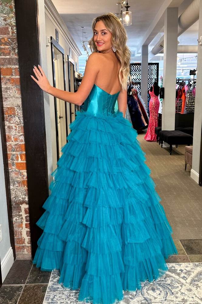 Blue Tiered Sweetheart Strapless A-Line Ruffles Prom Dresses with Slit