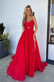 Red Strapless Sweetheart Tulle Split Front Prom Dresses