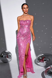 Fuchsia Strapless Mermaid Sequin Prom Evening Dresses with Slit