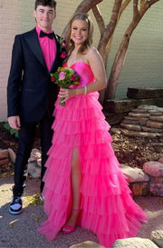 Fuchsia Tiered Sweetheart Strapless A-Line Ruffles Prom Dresses with Slit