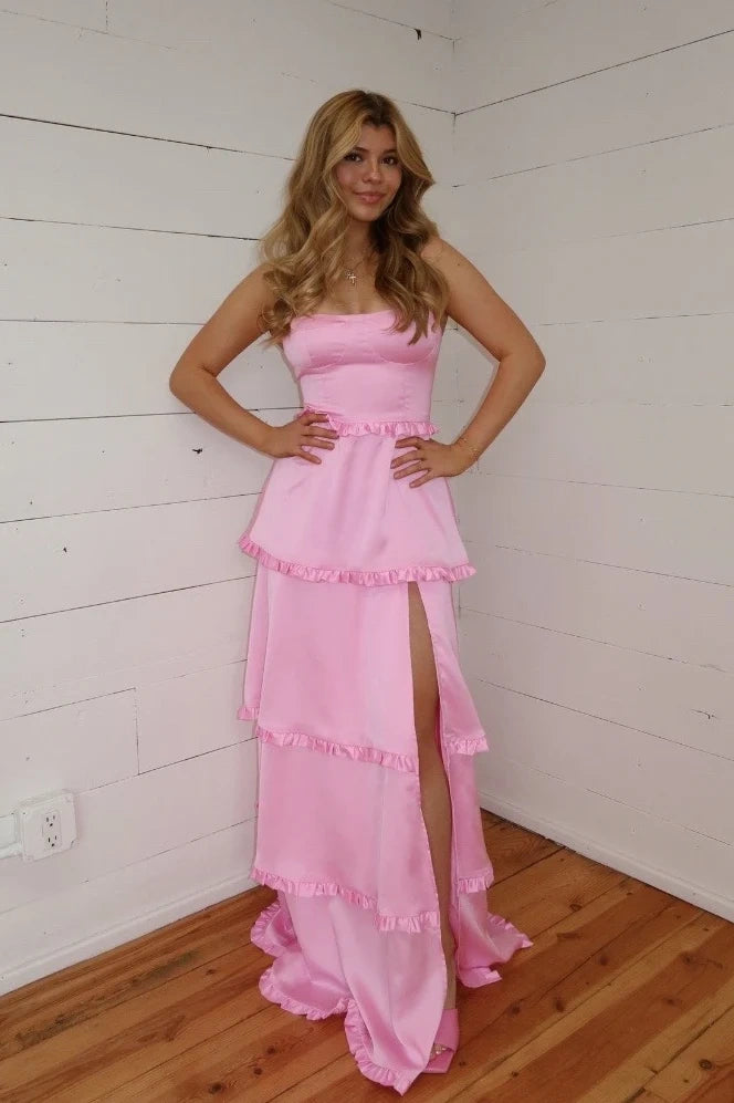 Pink Sweep Train Sleeveless A-Line Prom Dresses with Slit