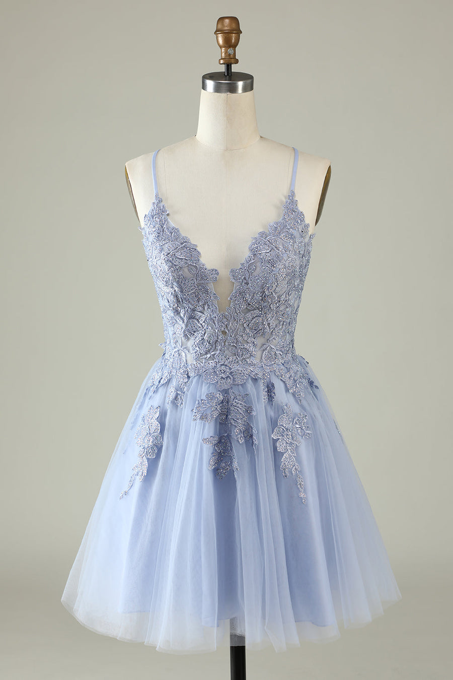 Light Blue Trendy Spaghetti Straps A-Line Cocktail Formal Dresses Lace Tulle with Appliques