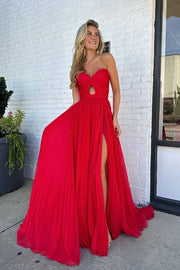 Red Strapless Sweetheart Tulle Split Front Prom Dresses