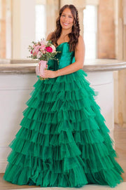 Emerald Tiered Sweetheart Strapless A-Line Ruffles Prom Dresses with Slit