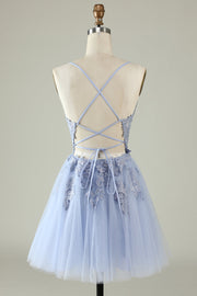 Light Blue Trendy Spaghetti Straps A-Line Cocktail Formal Dresses Lace Tulle with Appliques