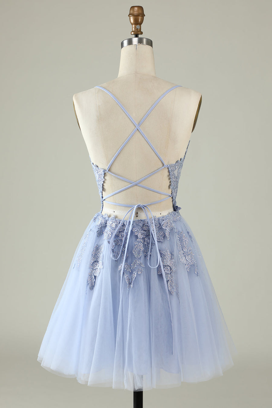 Light Blue Trendy Spaghetti Straps A-Line Cocktail Formal Dresses Lace Tulle with Appliques