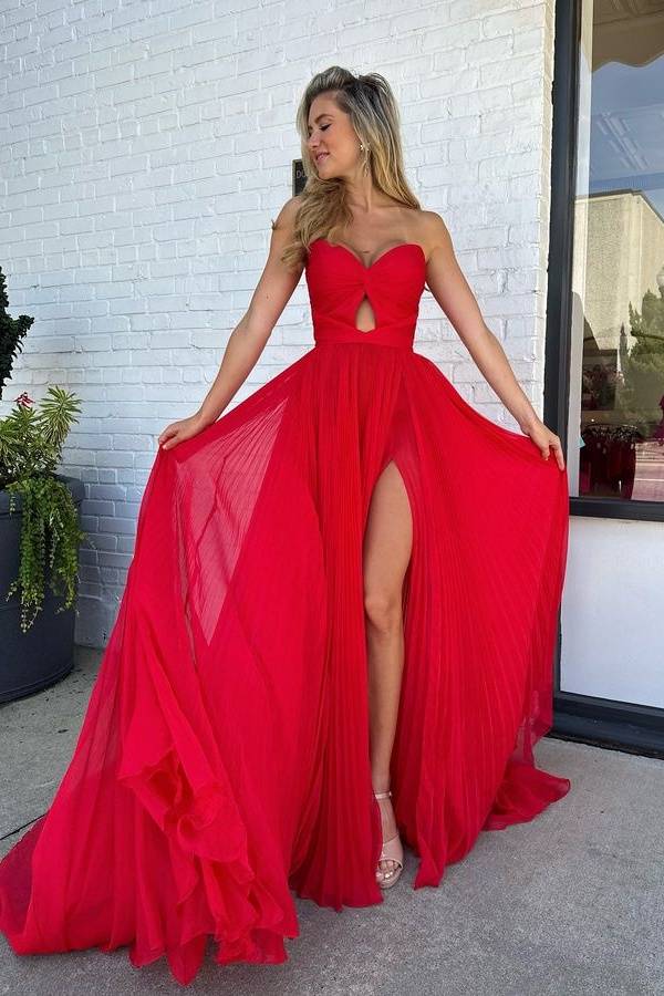 Red Strapless Sweetheart Tulle Split Front Prom Dresses