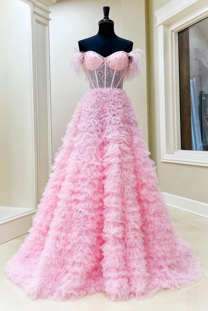 Elegant Pink Beaded Off-The-Shoulder A-Line Layered Tulle Long Party Dresses