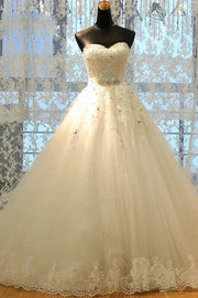 White Strapless Sweetheart A-Line Long Wedding Dresses with Rhinestones