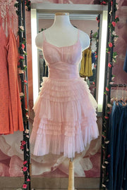 Blushing Pink Spaghetti Straps A-Line Tiered Sleeveless Homecoming Dresses