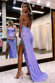 Purple Sequined Mermaid Split Front Party Prom Dresses with Tassel