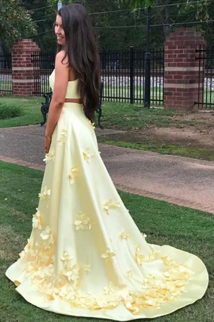 High Neck Sleeveless Long A-Line Satin Prom Dresses with Handmade Flower