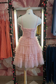 Blushing Pink Spaghetti Straps A-Line Tiered Sleeveless Homecoming Dresses