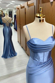 Stunning Sweep Train Sweetheart Spaghetti Straps Mermaid Satin Prom Dresses with Slit