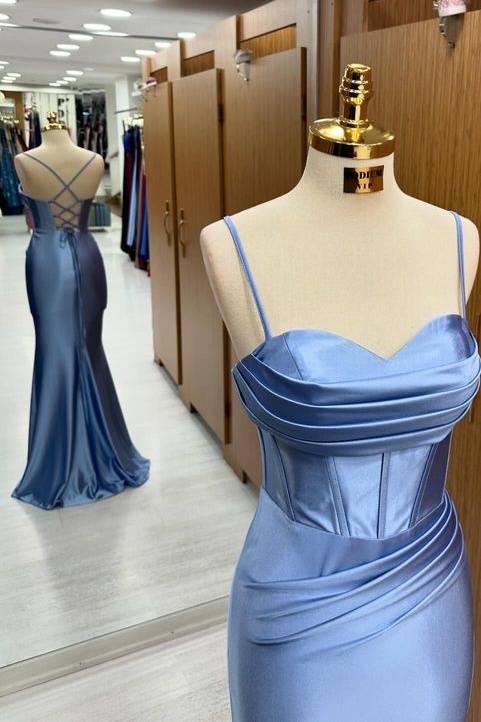 Stunning Sweep Train Sweetheart Spaghetti Straps Mermaid Satin Prom Dresses with Slit