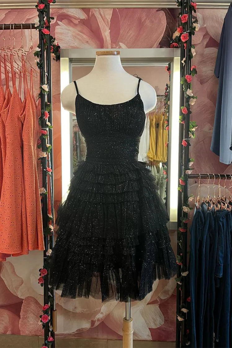 Black Spaghetti Straps A-Line Tiered Sleeveless Homecoming Dresses