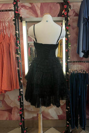 Black Spaghetti Straps A-Line Tiered Sleeveless Homecoming Dresses