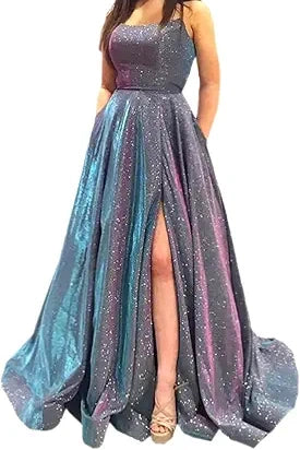 Sparkly Spaghetti Straps A-Line Prom Party Dresses with Slit