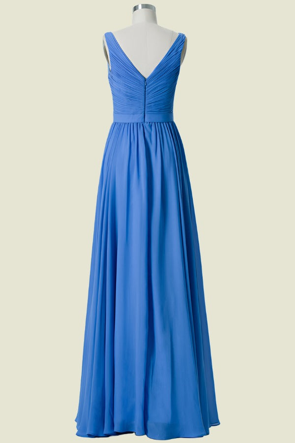 Ocean Blue V-Neck A-Line Chiffon Floor-Length Bridesmaid Dresses with Ruffles