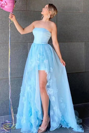 Light Blue Strapless A-line Tulle Party Evening Dresses with Slit