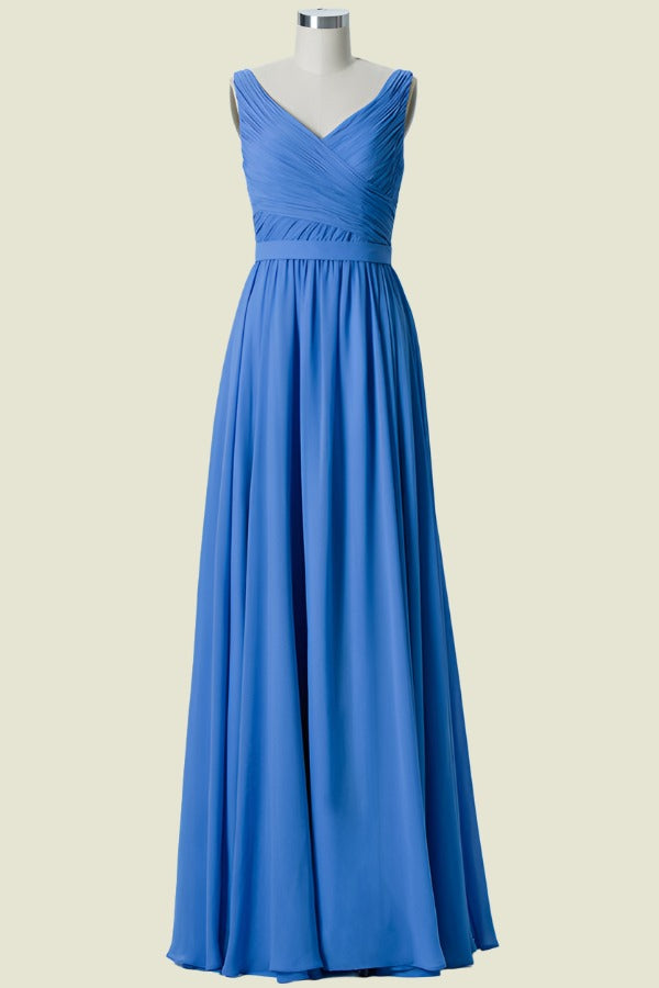 Ocean Blue V-Neck A-Line Chiffon Floor-Length Bridesmaid Dresses with Ruffles