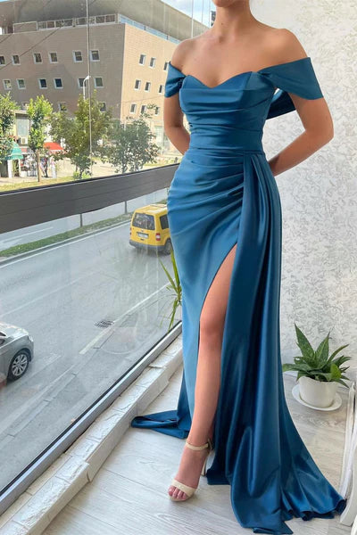 Ink Blue Off-The-Shoulder Mermaid Satin Long Evening Dresses with Slit