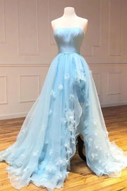 Light Blue Strapless A-line Tulle Party Evening Dresses with Slit