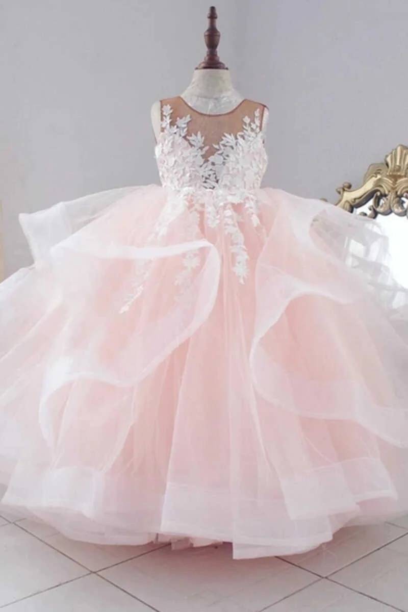 Pink Ball Gown Tulle Appliques Flower Girl Dresses with Ruffles