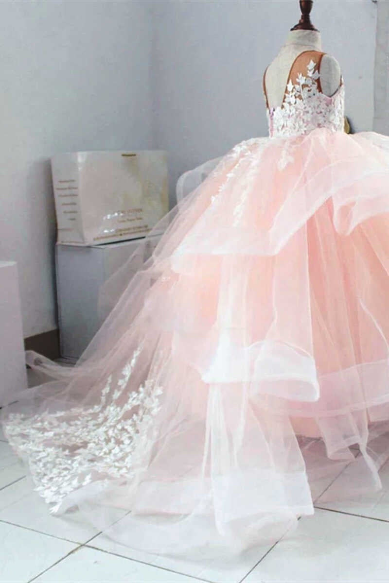 Pink Ball Gown Tulle Appliques Flower Girl Dresses with Ruffles