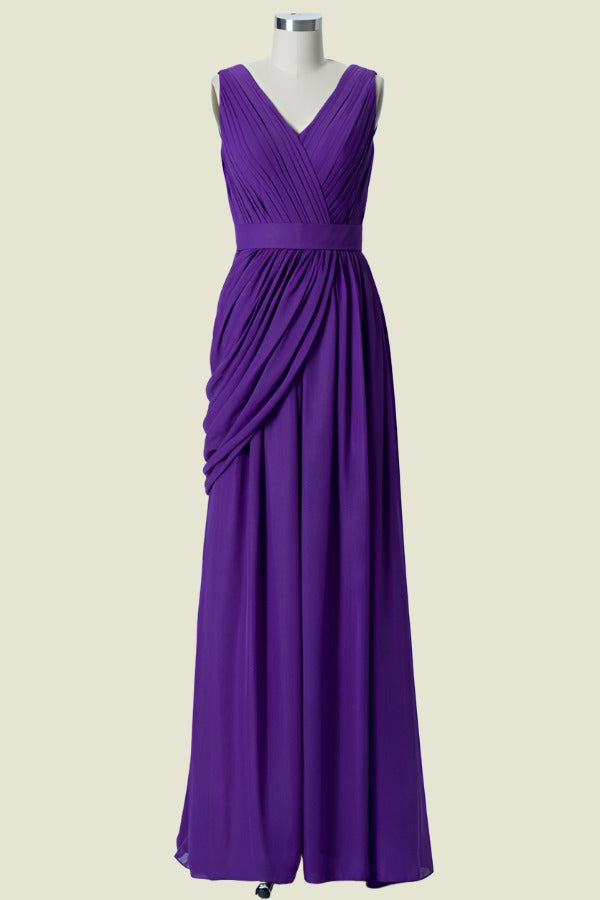 Regency V-Neck A-Line Sleeveless Chiffon Bridesmaid Dresses with Ruffles