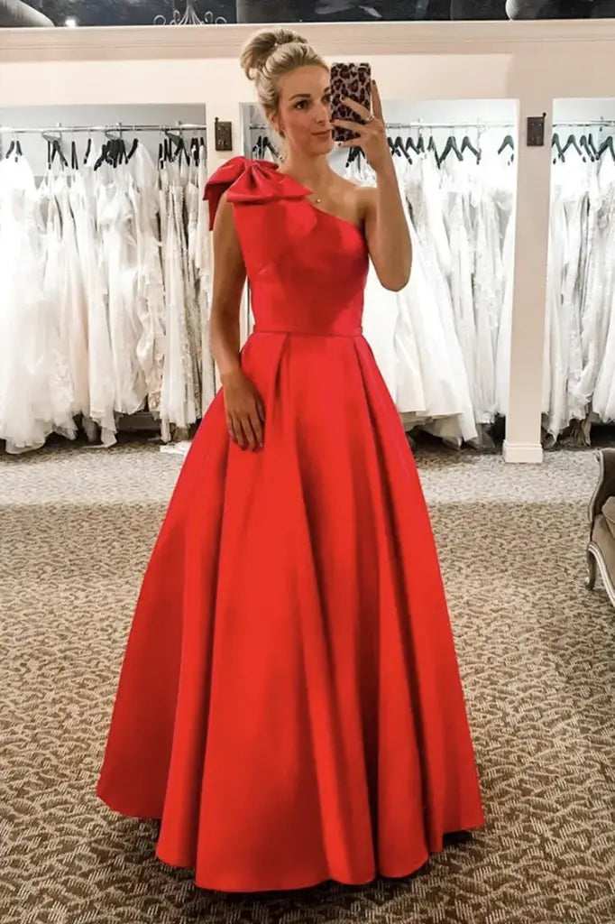 Red One-Shoulder A-Line Satin Formal Prom Dresses with Bow