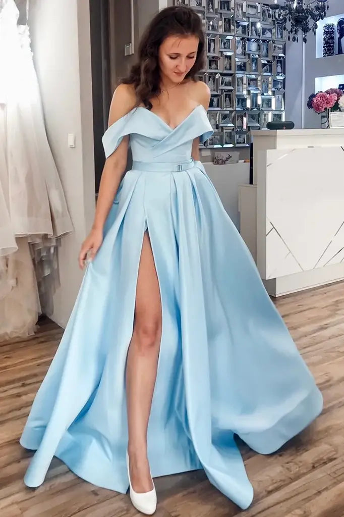 Light Blue Floor-Length Off-The-Shoulder A-Line Prom Dresses with Slit