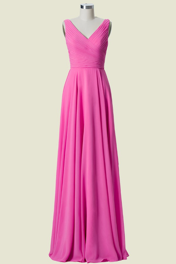 Fuchsia Floor-Length Sleeveless V-Neck A-Line Chiffon Bridesmaid Dresses with Ruffles