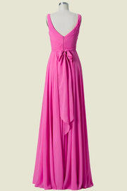 Fuchsia Floor-Length Sleeveless V-Neck A-Line Chiffon Bridesmaid Dresses with Ruffles