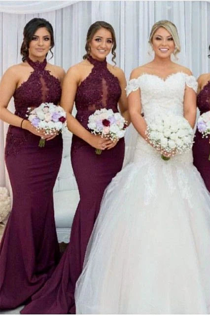 Burgundy Halter Sleeveless Mermaid Satin Bridesmaid Dresses with Appliques