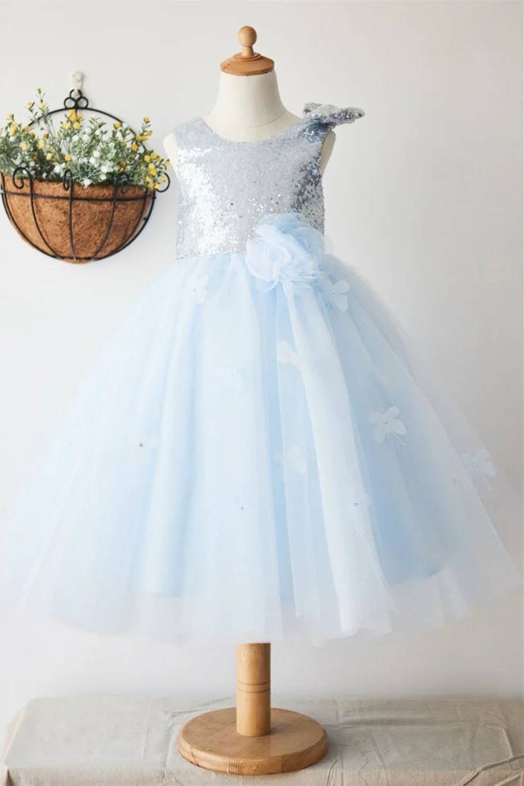 Sky Blue Sequined Sleeveless A-Line Tulle Flower Girl Dresses with Flower