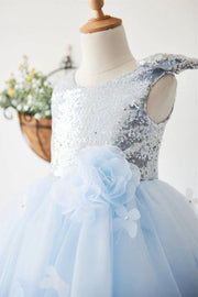 Sky Blue Sequined Sleeveless A-Line Tulle Flower Girl Dresses with Flower