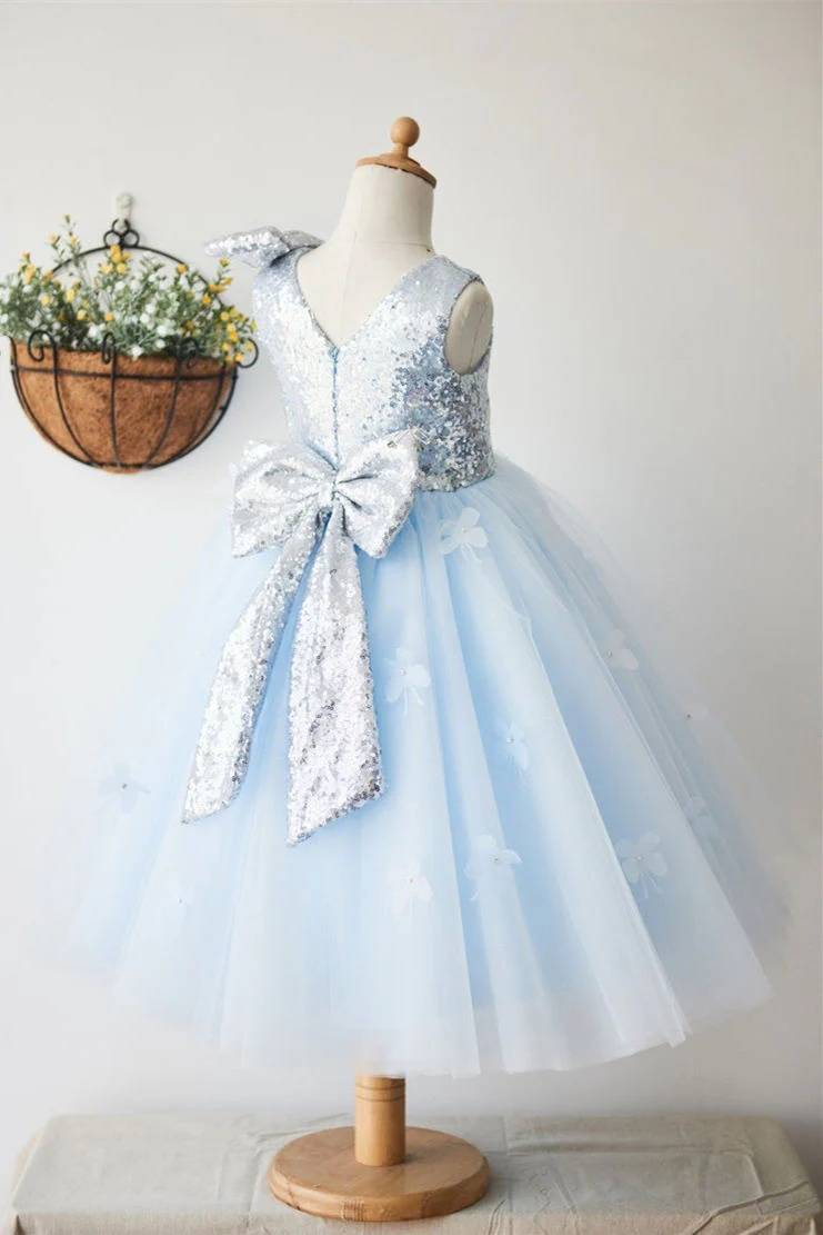 Sky Blue Sequined Sleeveless A-Line Tulle Flower Girl Dresses with Flower