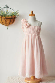 Pink One-Shoulder A-Line Tulle Flower Girl Dresses with Handmade Flowers