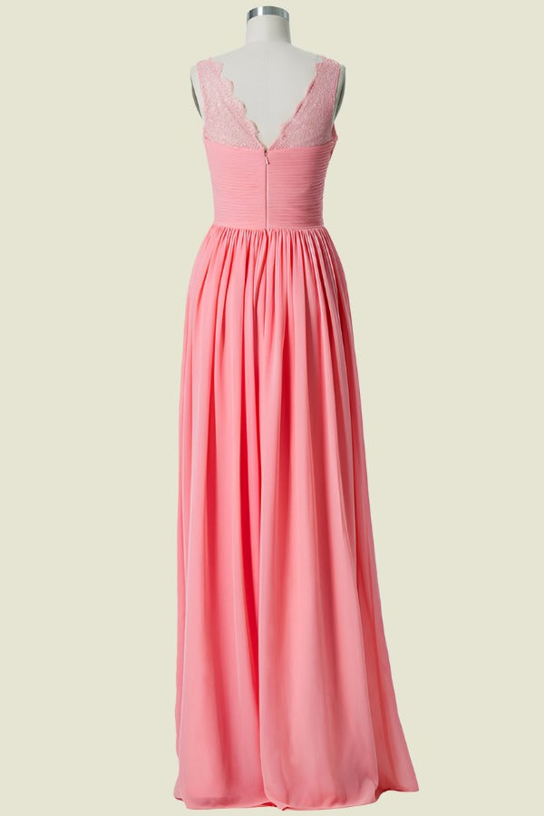 Watermelon V-Neck A-Line Floor-Length Chiffon Bridesmaid Dresses with Ruffles